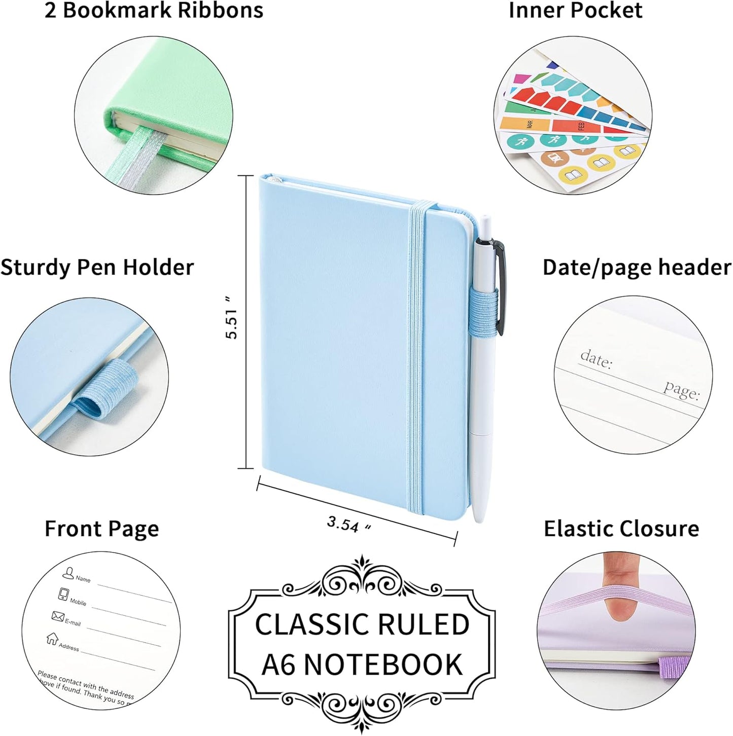 A6 Mini Cute Small Journal Notebook Bulk Hardcover College Ruled Notepad with Pen Holder for Office School Supplies, 3.5”x 5.5”, Emerald